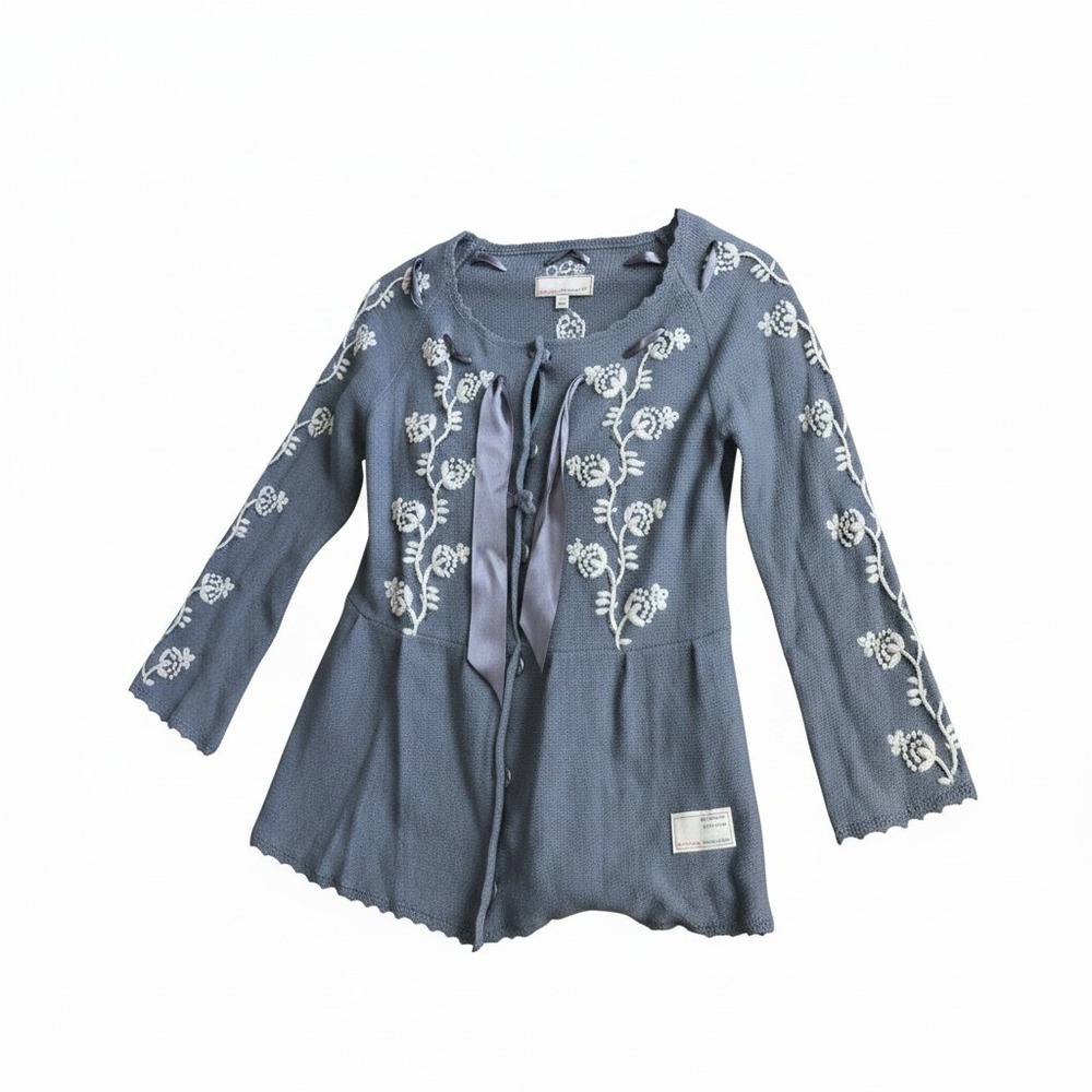 Odd Molly Blue Grey Lambswool Embroidered Floral Beaded Peplum‎ Cardigan Size 0
